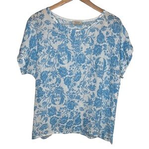 Bellaumbra Blue White Floral Linen Short Sleeve Blouse Women Size M